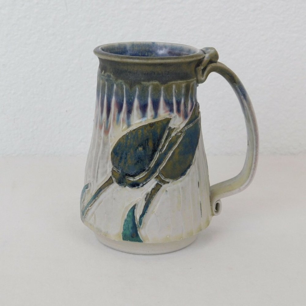 Art Pottery Studio Handcrafted Coffee Cup Mug Stein Pitcher Vase Blue Tulips Vtg